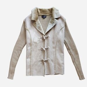Vintage Say What Questions Y2K Jacket Faux Suede Ribbed Knit Horn Toggle Button